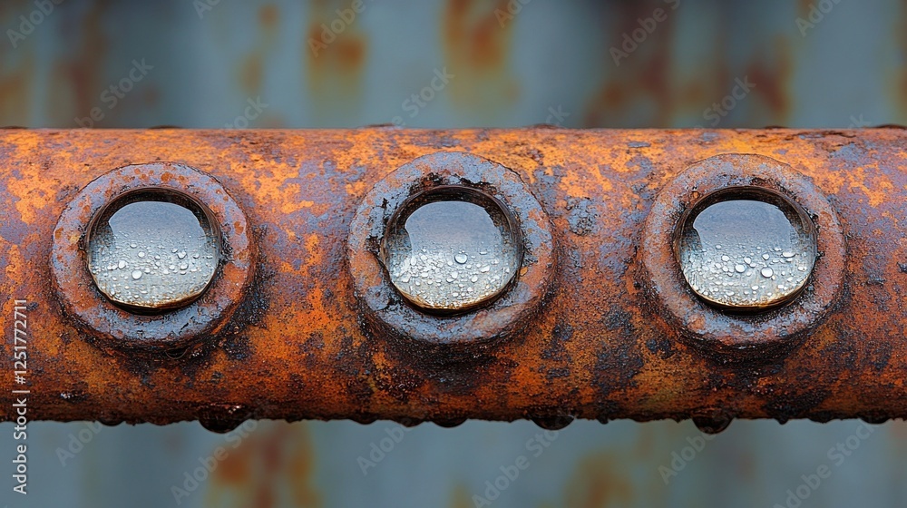 Sticker Rusty pipe, rain droplets, industrial background, texture