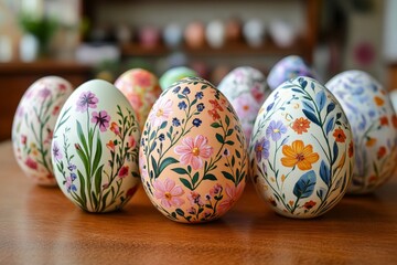 An exquisite arrangement of Easter eggs hand-painted with beautiful floral motifs, blending vibrant colors and artistic elegance, ideal for springtime celebrations and festive decor.