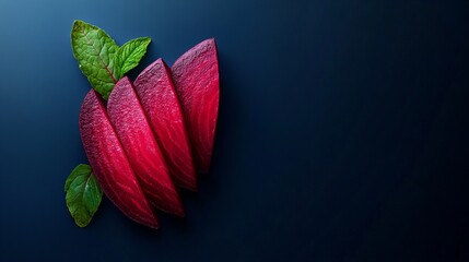 Obraz premium Sliced beetroot arranged with green leaves on a dark blue background. Minimalist composition with vibrant colors.