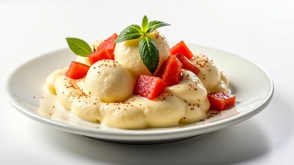 Creamy Vanilla Dessert with Fresh Watermelon Cubes and Mint Garnish