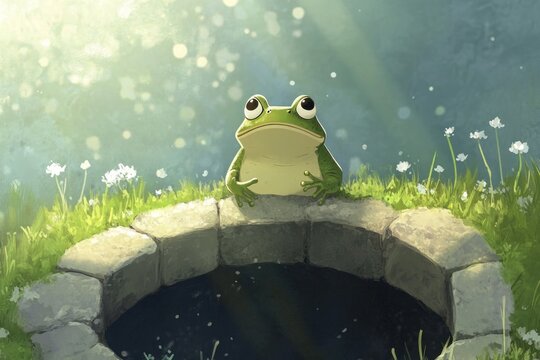 A frog sits at the bottom of a well, looking up at the walls with a sense of wonder and despair, feeling trapped and yearning for escape
