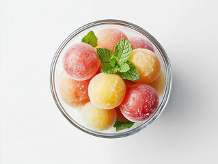 Frozen fruit spheres with mint in a glass bowl.