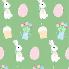 Cute hand drawn Easter seamless pattern with rabbit, watering can, egg, easter cake and flowers. Gentle background. Vector illustration for banners