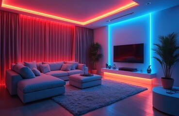 Modern living room illuminated by LED strips creates futuristic ambiance. Comfortable sofa, cozy carpet, stylish furniture adds to luxury feel. Interior design features TV, plants, neon lights. 3D