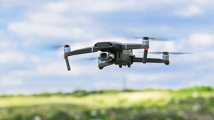 Drone with a camera flies against the background of trees and sky