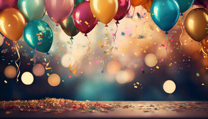 colorful balloons with confetti and ribbons on bokeh history generated ai