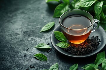 A close-up of a glass cup filled with brewed tea sits on a dark plate, complemented by fresh and dried tea leaves nearby