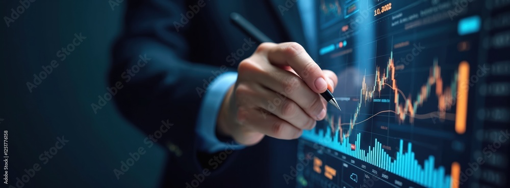 Poster a businessman analyses market growth graph data using interactive screen interface with pen tool. he