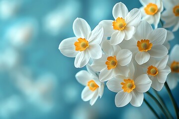 Delicate white flowers with vivid yellow centers on a soft blue spring-inspired background