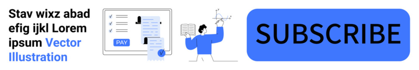 Individual interacts with large subscribe button, accompanied by text, speech bubble, and document icon. Ideal for communication, email marketing, content creation concepts, media engagement