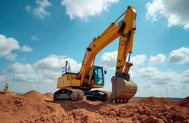 Obraz premium Big yellow excavator digs ground on construction site with cloudy sky. Earthmover works with soil. Heavy equipment is used for building road. Landmoving machine doing excavation.