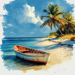 Obraz premium Vintage rowboat on tropical beach with palm trees and ocean waves under clear blue sky