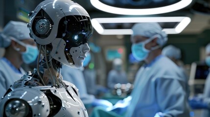 a modern robot performs surgery in the operating room together with a team of doctors, teamwork between humans and AI, medical technologies of the future, interaction