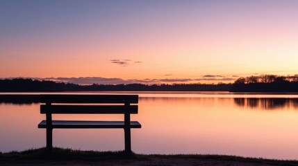 Fototapeta premium Serene sunset reflection over tranquil lake peaceful waterside bench nature photography calm environment wide angle view serenity concept