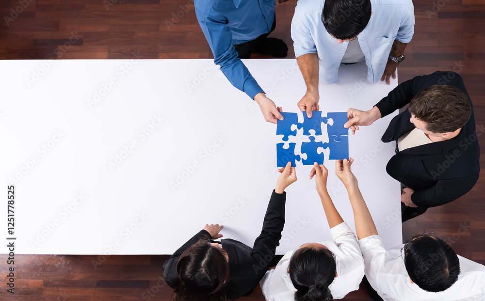 Leinwandbilder Top view panorama banner of business team joining jigsaw puzzle together over meeting table symbolize business partnership and collective unity teamwork in problem solving solution. Prudent