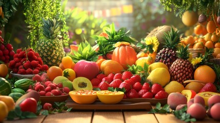 Vibrant assortment of fresh fruits including strawberries, oranges, and pineapples, creating colorful and inviting display