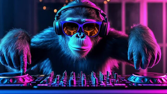 A cool monkey DJ in sunglasses and headphones mixes music at a club party lit with purple neon light