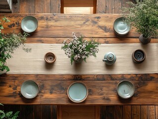 Rustic wooden table setting with ceramic plates and teapot surrounded by greenery
