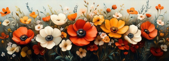 Vibrant wildflower meadow with orange and white poppies in bloom