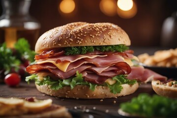 Ultimate Meat Lover&rsquo;s Sandwich with Ham, Beef, and Crispy Bacon in Every Bite. Generative AI