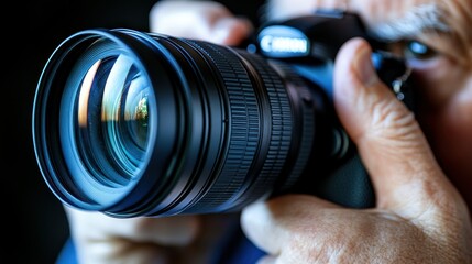 Senior photographer shooting sunset, close-up lens
