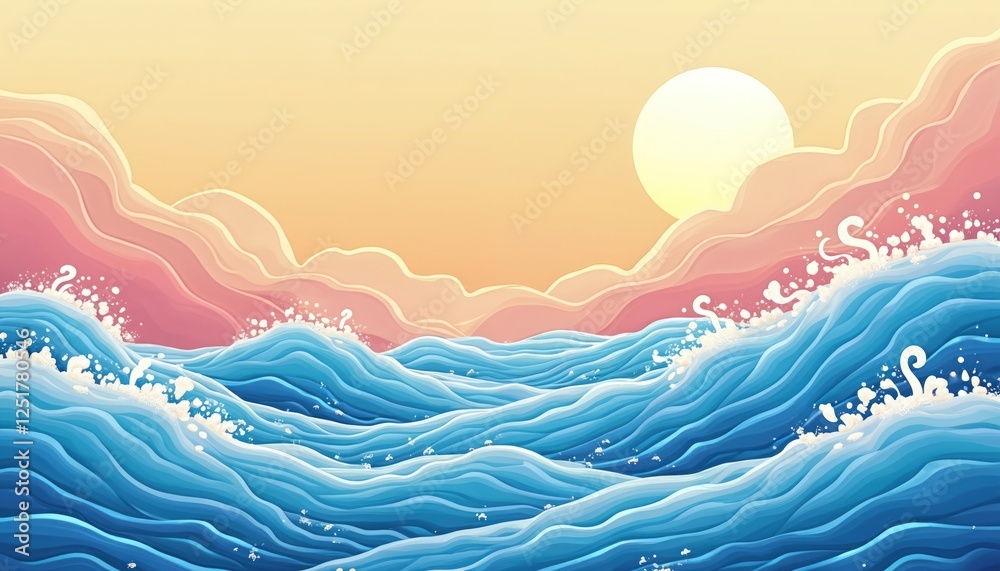 Poster vibrant illustration ocean waves with sun, sky. curvy lines, fluid swirls create dynamic motion. hap
