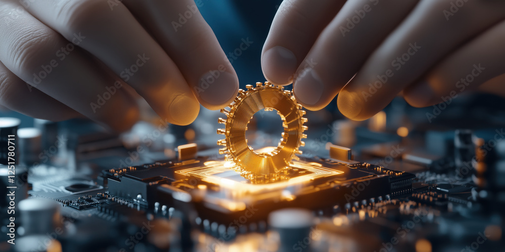 Poster person assembling quantum computing component on circuit board