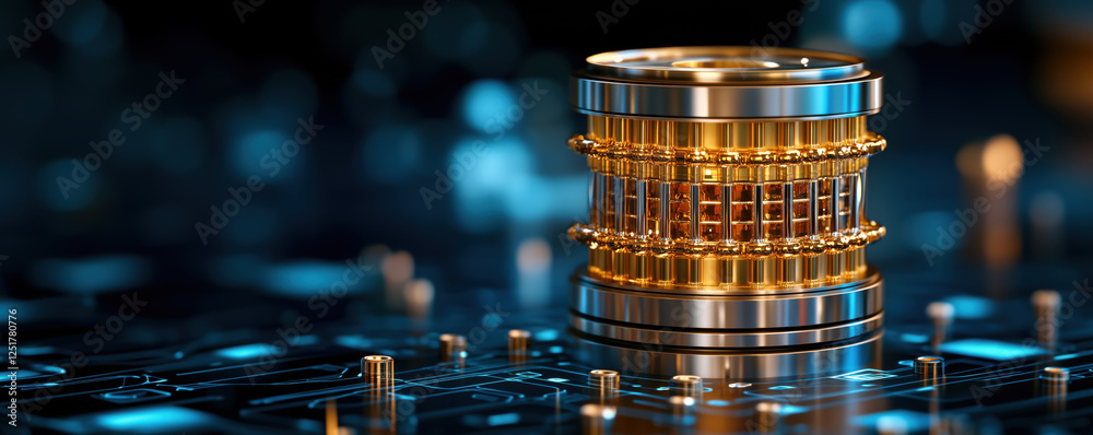 Poster futuristic quantum computer core with glowing design on circuit board