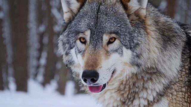  close-up portrait of a gray wolf standing in a snowy forest, its thick fur dusted with delicate snowflakes.