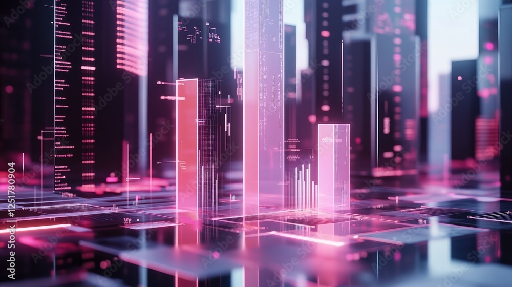 Poster a transparent d bar chart floating in a digital space, with bars of different heights representing f