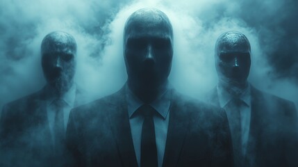 Three men in suits with ties standing in front of a foggy background