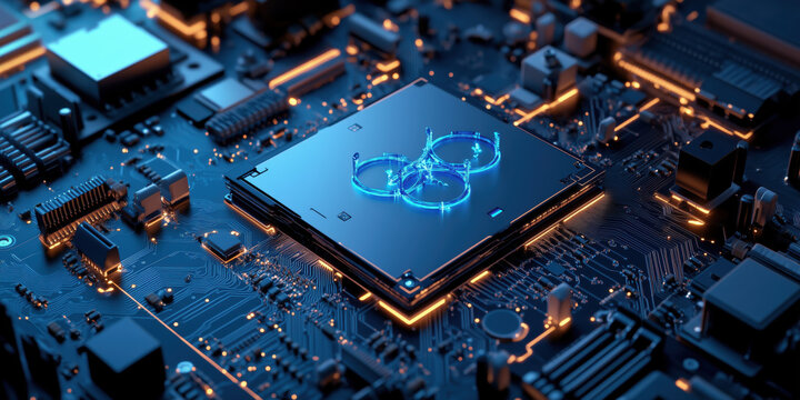 detailed 3D render of quantum processor on circuit board, showcasing technology