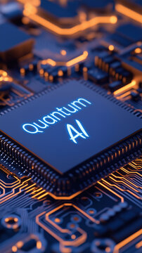 detailed 3D render of quantum AI chip on circuit board