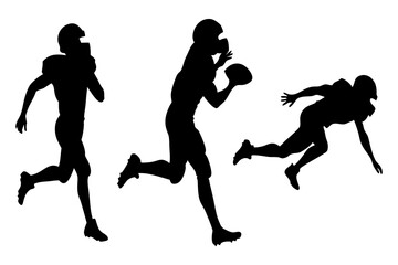 Silhouette illustration of American football players in action, running with the ball. Dynamic sports graphic for athletic and competitive themes, vector, svg file, on white background.