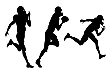Silhouette illustration of American football players in action, running with the ball. Dynamic sports graphic for athletic and competitive themes, vector, svg file, on white background.