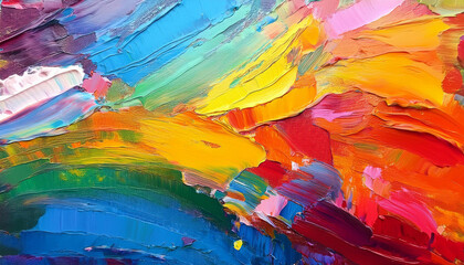 Fototapeta premium closeup of abstract rough colorful multicolored rainbow bold colors art painting texture background banner long panorama with oil acrylic brushstroke pallet knife paint canvas wallpaper