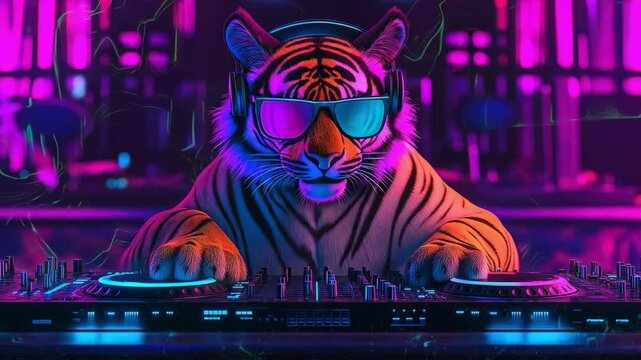 An energetic tiger dj wearing headphones and sunglasses controls the turntables in a lively club filled with colorful neon lights