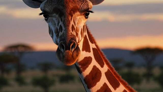 close-up portrait of a giraffe standing tall against the golden hues of an African sunset,