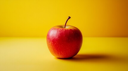 A red apple sits on a yellow background