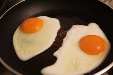 fried eggs in a frying pan