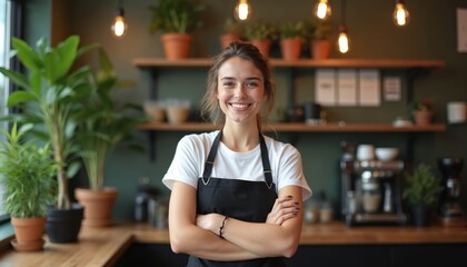 Young smiling entrepreneur with crossed arms in cozy coffee shop full of plants. Happy confident barista woman owner. Successful small business start-up in service industry. Positive portrait indoors.