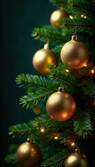 Sparkling gold ornaments amidst lush evergreen branches, festive, tree
