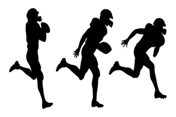 Silhouette illustration of American football players in action, running with the ball. Dynamic sports graphic for athletic and competitive themes, vector, svg file, on white background.
