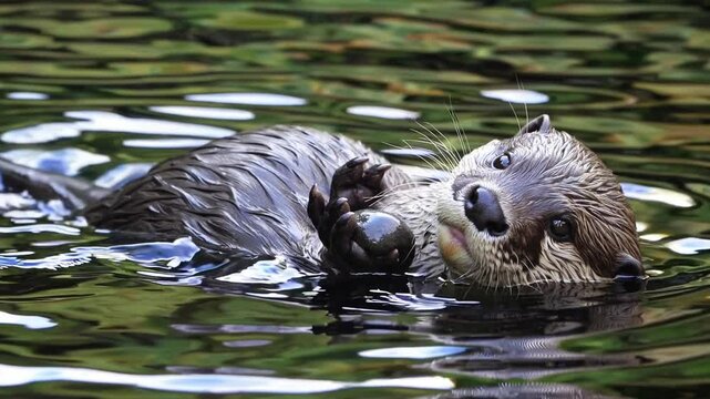  close-up portrait of a playful river otter floating on its back in a tranquil freshwater stream, 