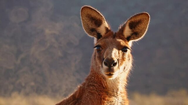 close-up portrait of a red kangaroo standing tall in the golden Australian outback,