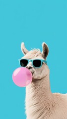 Fototapeta premium A stylish llama with sunglasses blowing a pink bubble gum against a bright blue background.