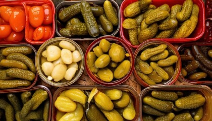 Various types of pickled vegetables arranged in jars on a wooden surface