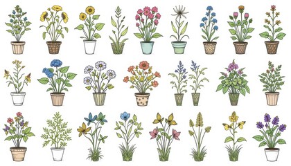 A set of garden plant illustrations on a white background 