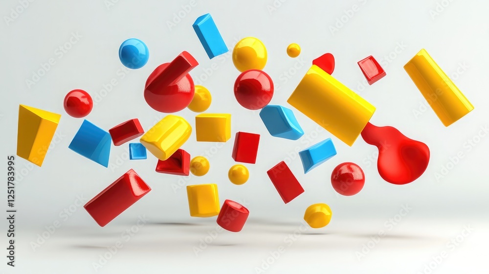 Fototapete a d render of geometric shapes in vibrant colors floating over a white background