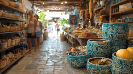 Fototapeta premium Colorful pottery and crafts displayed in a vibrant market setting.